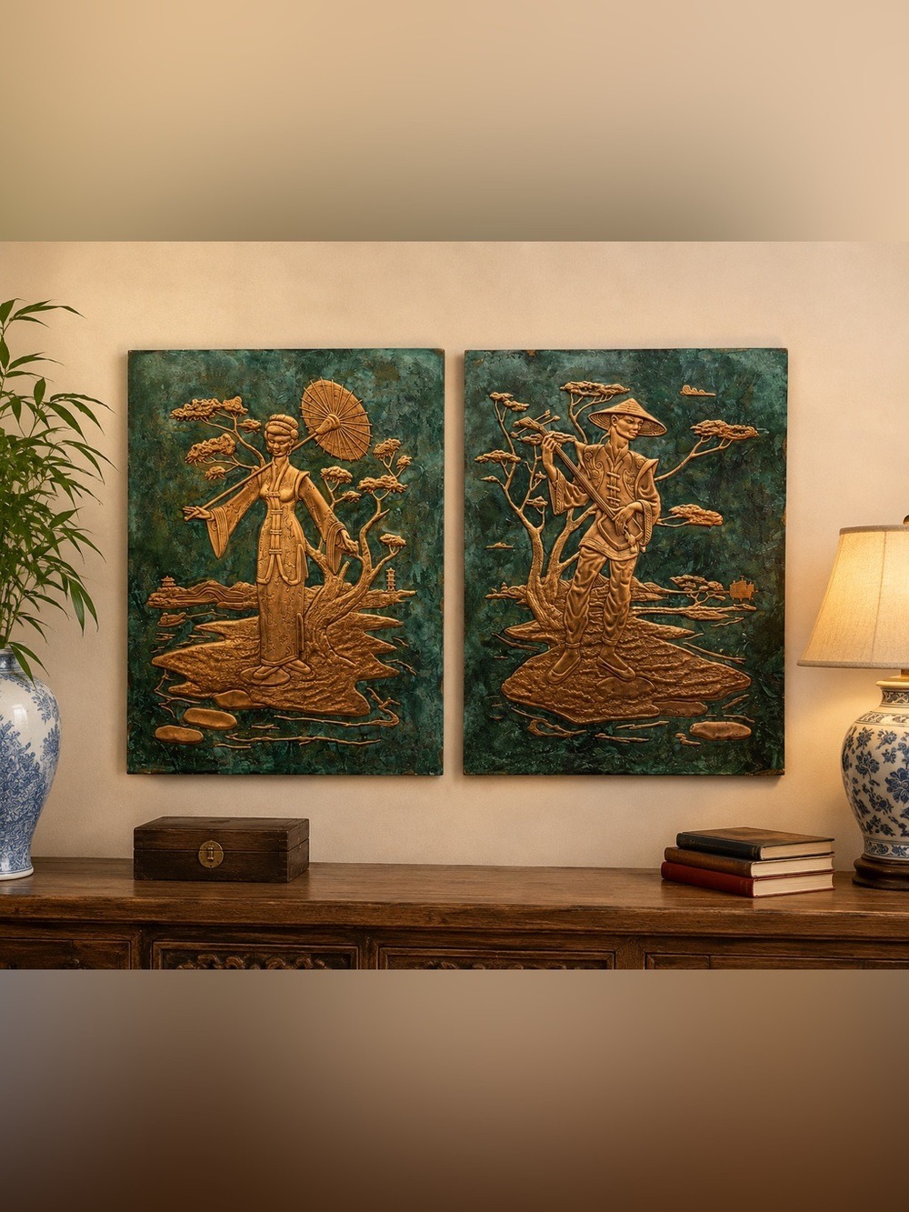 Vintage Pair Hammered Copper Relief Wall Art Asian Figures MCM 1950s 10x13